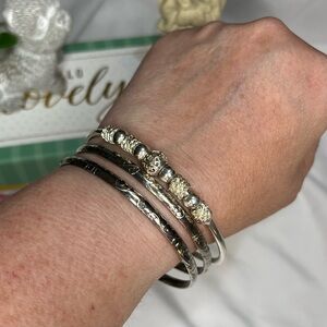 Boho Chic Silver Tone Etched & Ornate Beaded Stackable Bangle Lot | 3